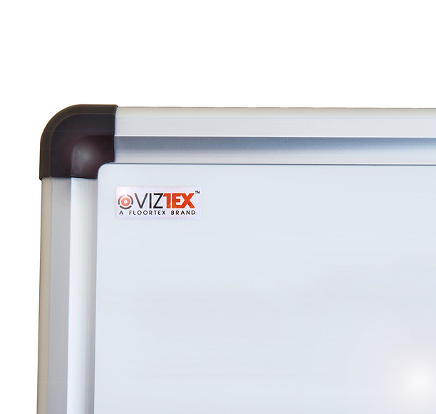 Corner detail of Viztex whiteboard with aluminium frame
