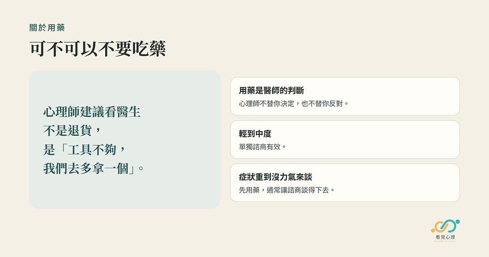 用藥是醫師的判斷;心理師建議看醫生不是退貨,是工具不夠再多拿一個