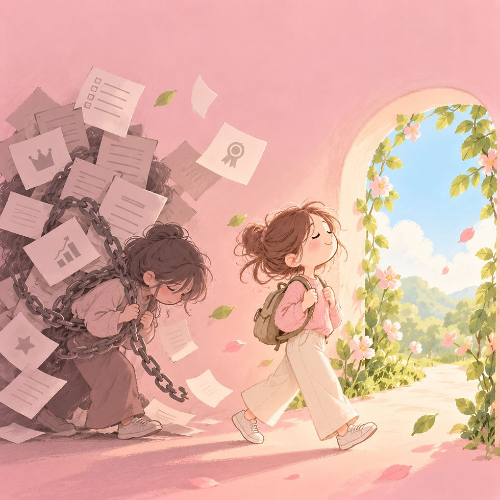 女孩放下象徵他人評價的沉重鎖鏈,走向陽光與自由,代表找回自我價值