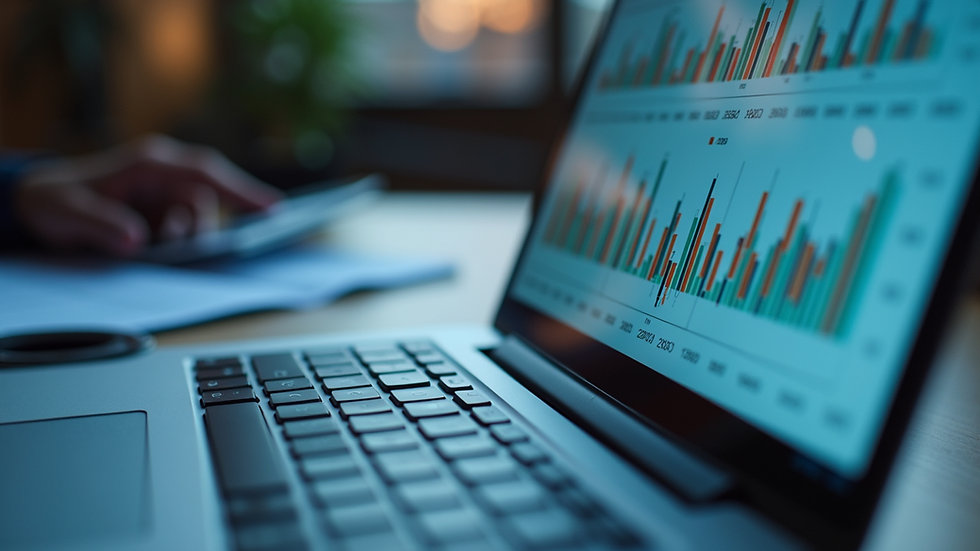 Close-up view of a laptop screen showing financial charts and documents