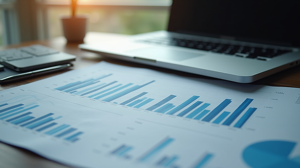 High angle view of a laptop and financial charts on a desk