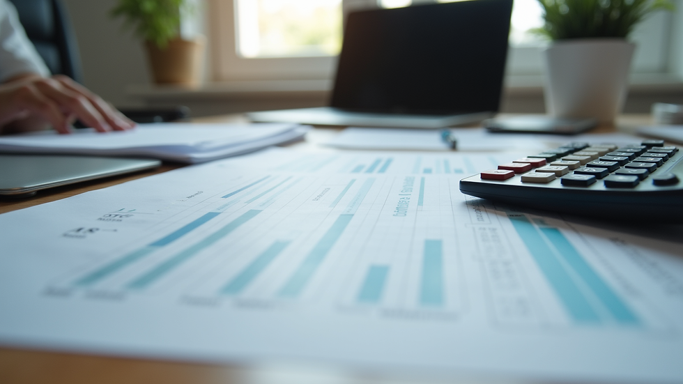 Eye-level view of an office desk with financial documents and calculator