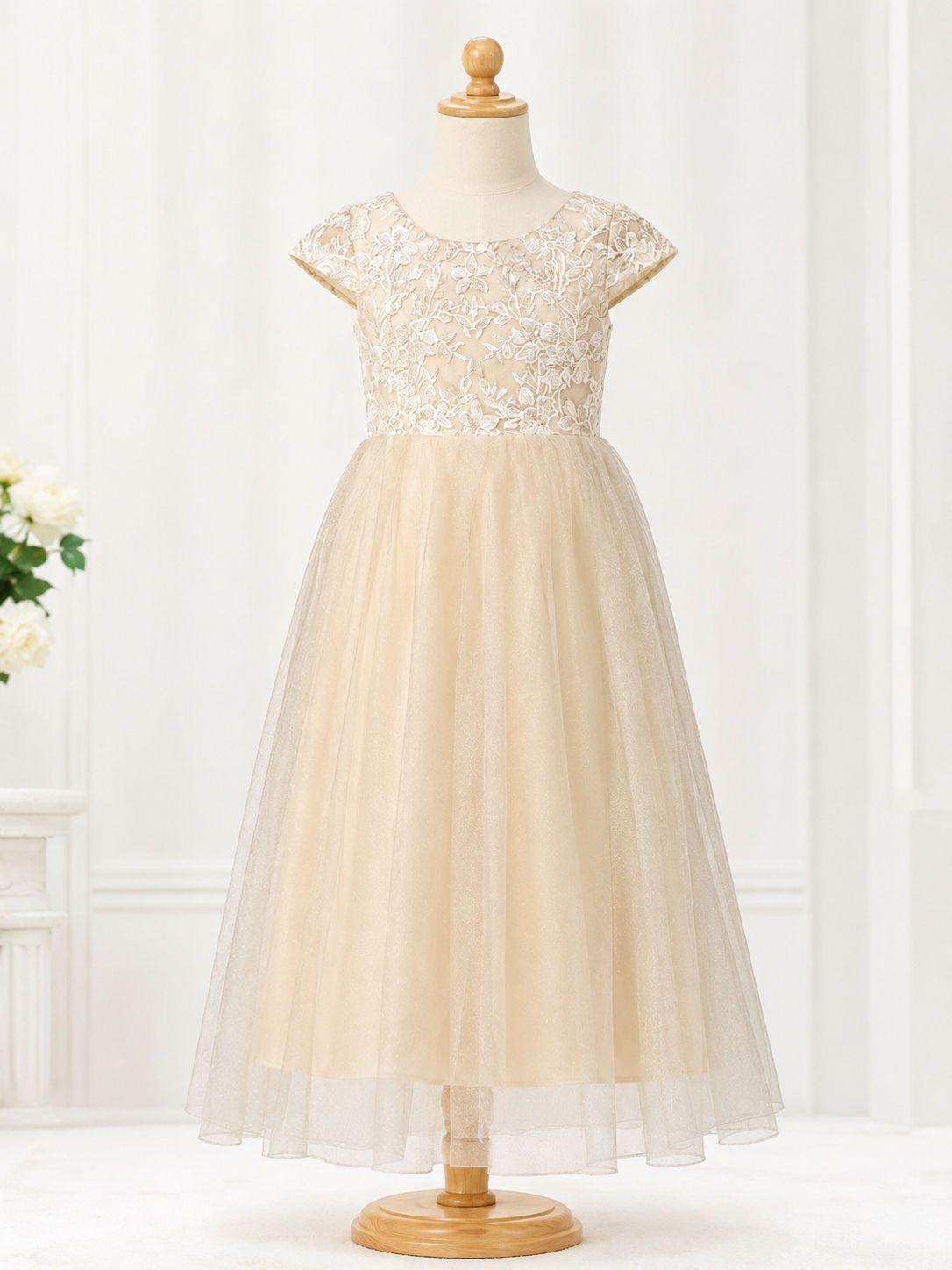 Girls Champagne Lace Tulle Formal Dress with Large Bow