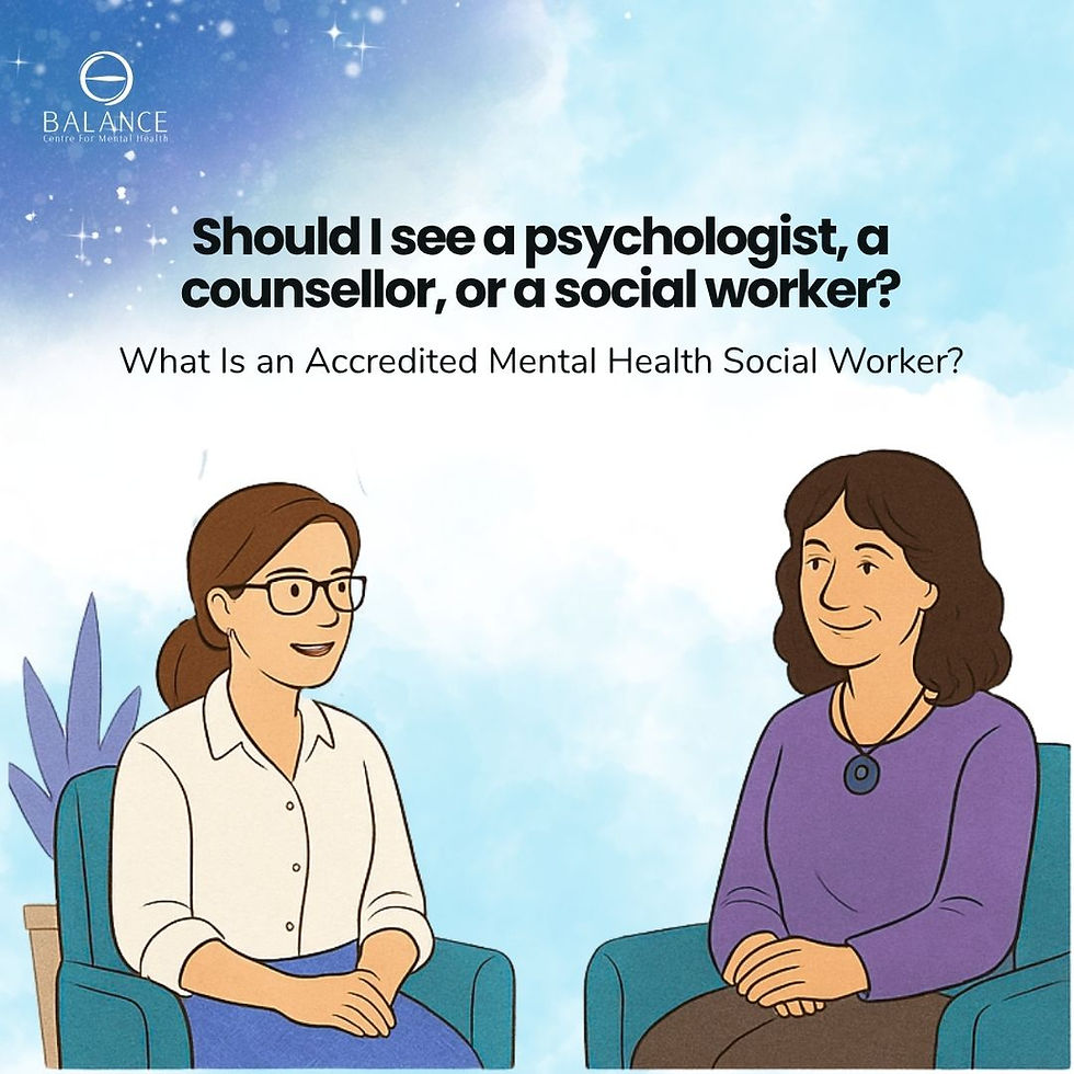 Teena and Tracey from Balance Centre for Mental Health sitting on chairs with the words: Should I see a psychologist, a counsellor, or a social worker? What Is an Accredited Mental Health Social Worker?