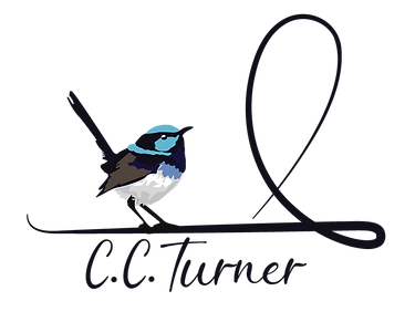 C.C. Turner Logo of a blue fairy wren on a calligraphic wire, logo by Blue Fairy Design Solutions