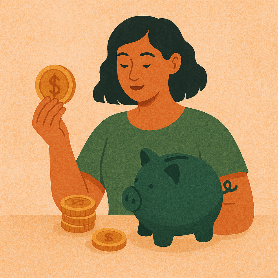 a woman putting money into a piggy bank