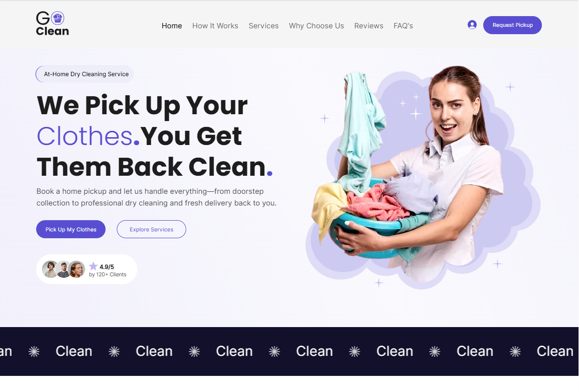 Go Clean wix templates hero section highlighting doorstep laundry and dry cleaning services.