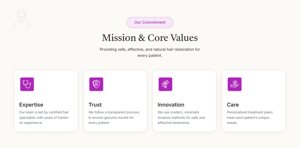 Capilora wix templates section showing clinic mission and vision for trusted hair restoration care. 
