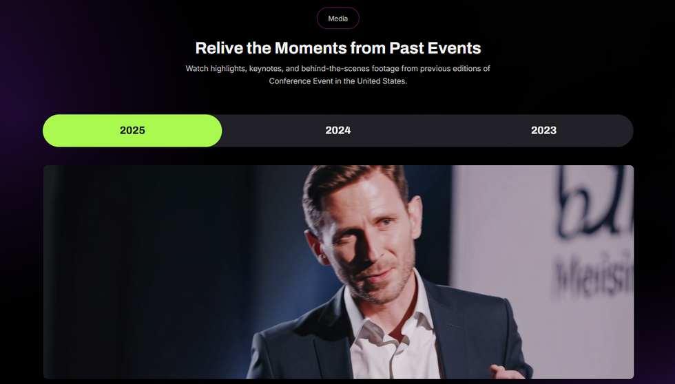 Conference Event wix templates media section showing past event photos and highlights galleries