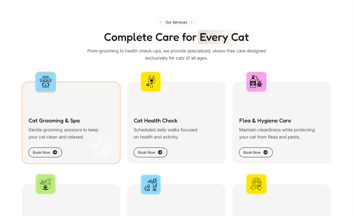 Cat Care wix templates services section for cat grooming, wellness, and boarding.