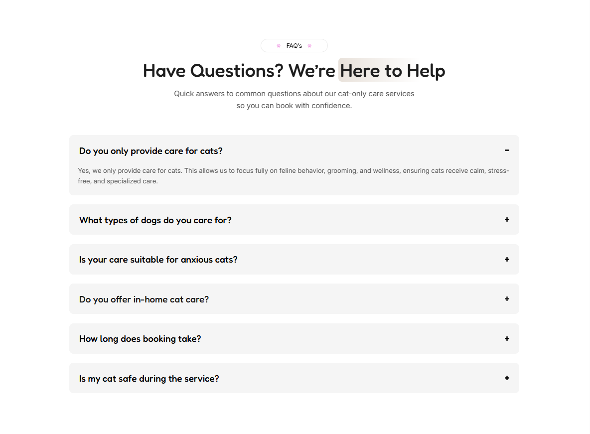 Cat Care wix templates FAQ section answering common questions about feline services and bookings.