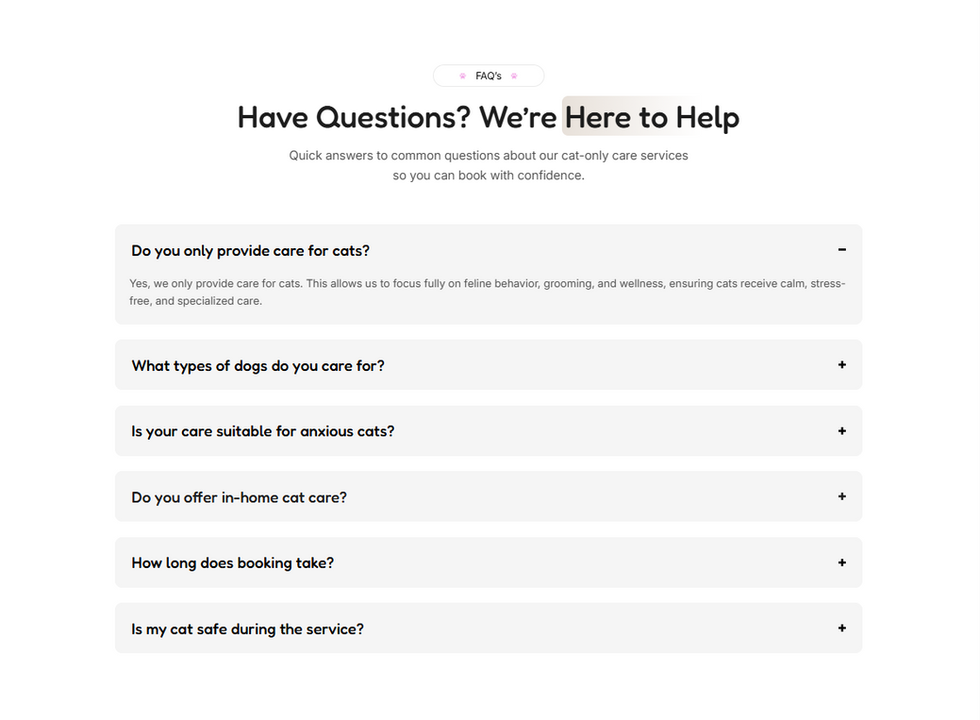 Cat Care wix templates FAQ section answering common questions about feline services and bookings.