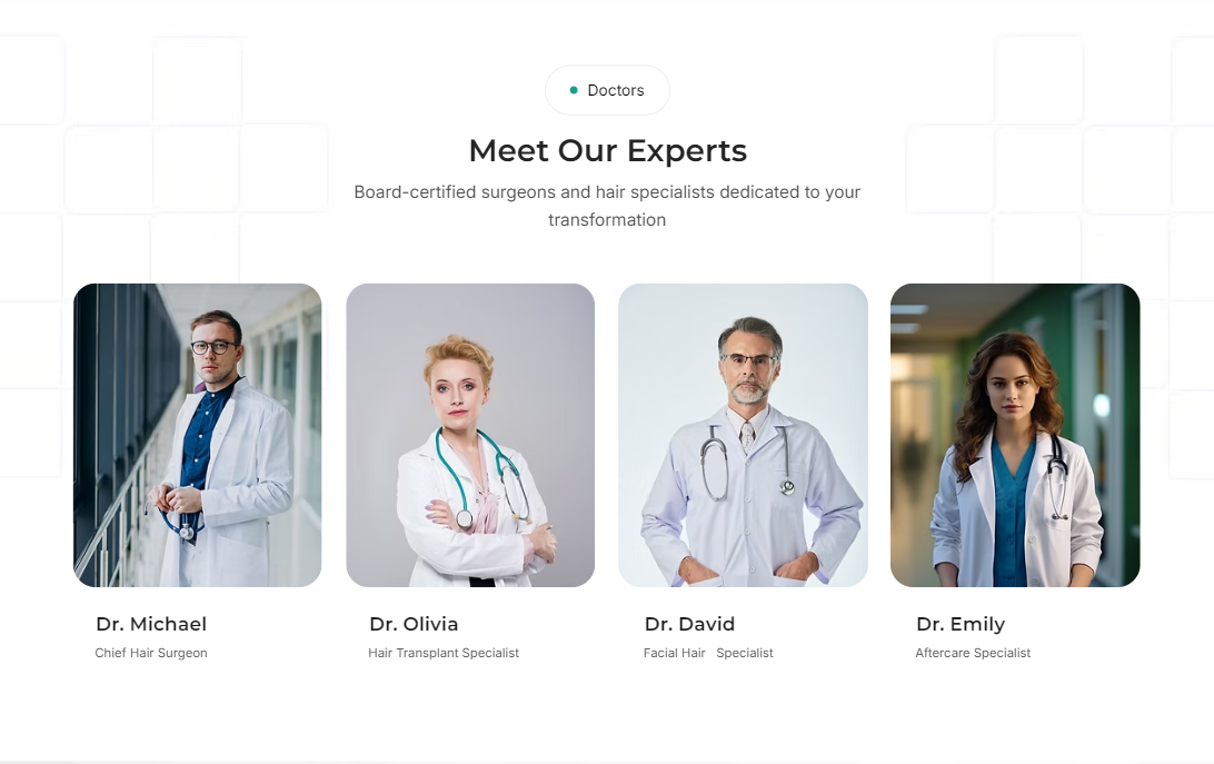 Hair Folixa team section — doctors and specialists profile cards for Wix templates landing page