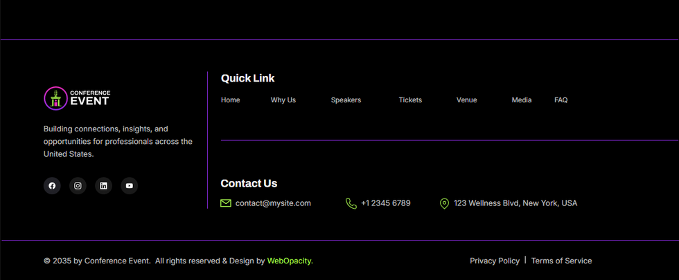 Conference Event wix templates footer section with contact details, venue links, and policies.