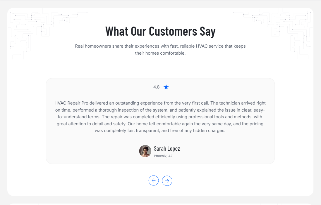 HVAC Repair Pro wix templates testimonials showing happy HVAC customers and reviews.