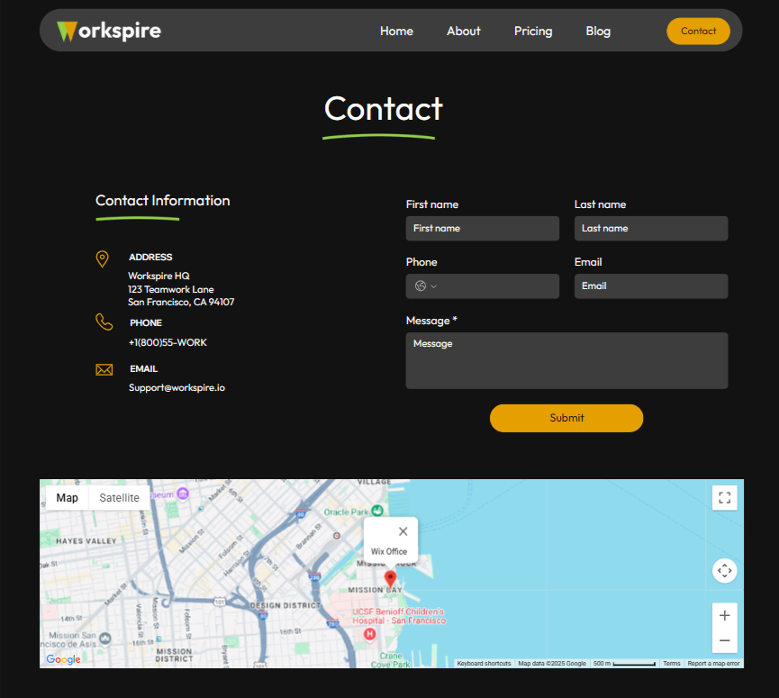 Workspire Wix template contact form section with Google Map and business location details