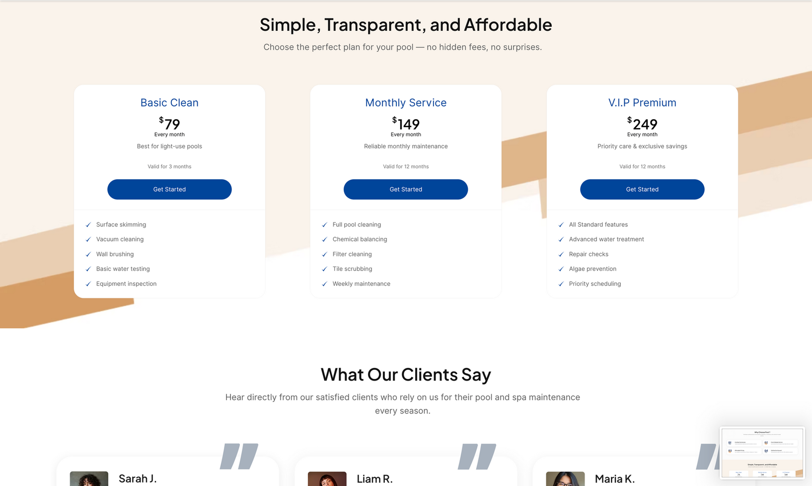 Pool services Wix Templates pricing plans showing monthly and seasonal pool care packages with clear options.