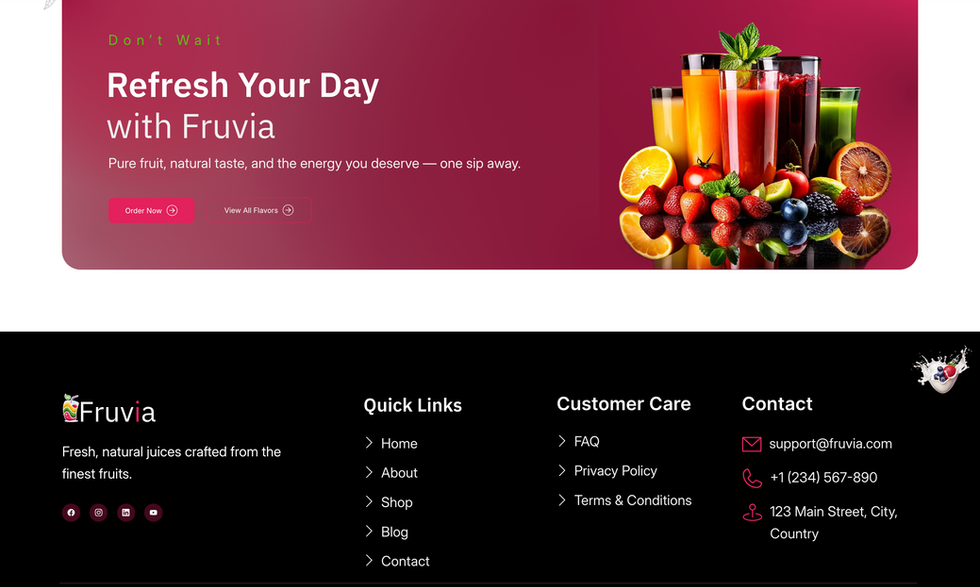 Juice bar website footer in Fruvia Wix Templates with contact info, opening hours, and social links.