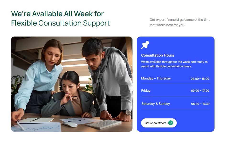 Accounting firm Wix template weekly customer support section with help and contact options