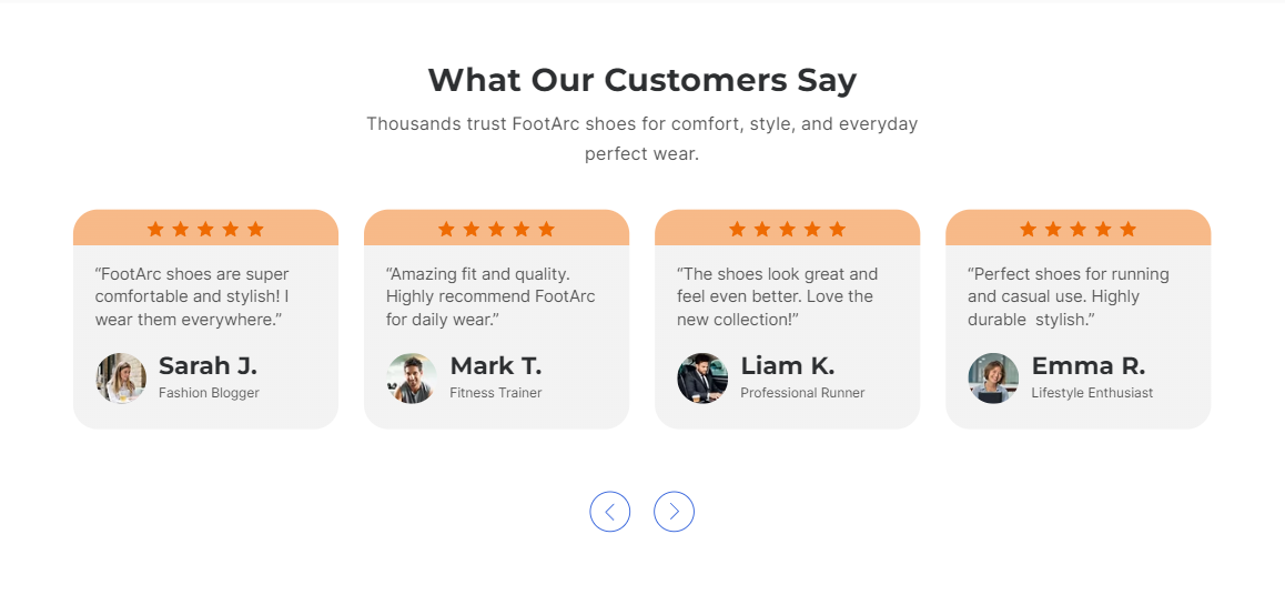 FootArc Wix template – testimonials and star ratings section