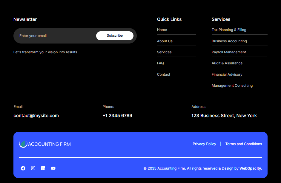 Accounting firm Wix template footer with contact details and quick links