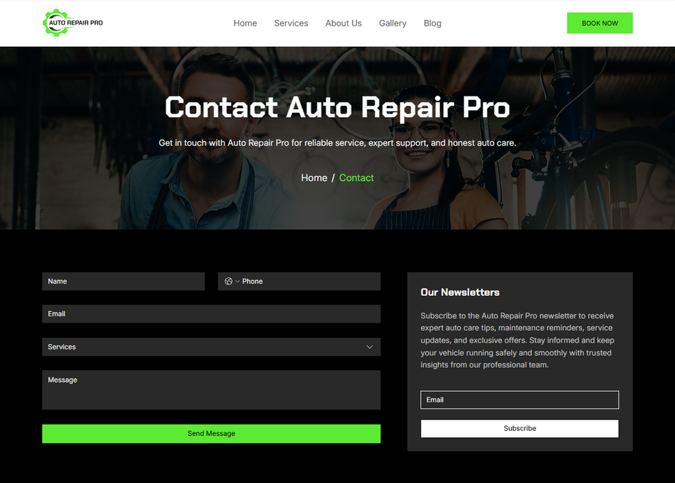 Auto Repair Pro wix templates contact page with phone, address, and repair inquiry form. ​