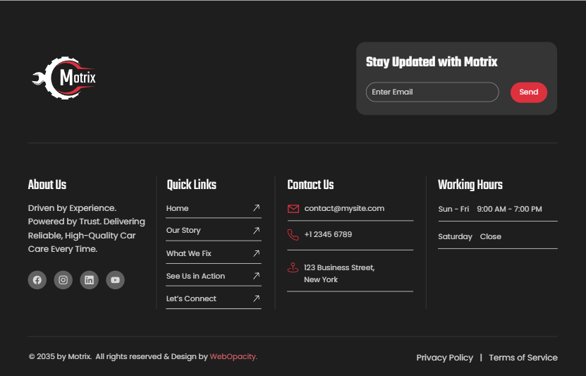 Motrix Wix template footer with contact details, service links, and business hours