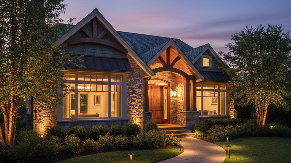 a beautiful house with landscape lighting at dusk to include uplights on the house and fro