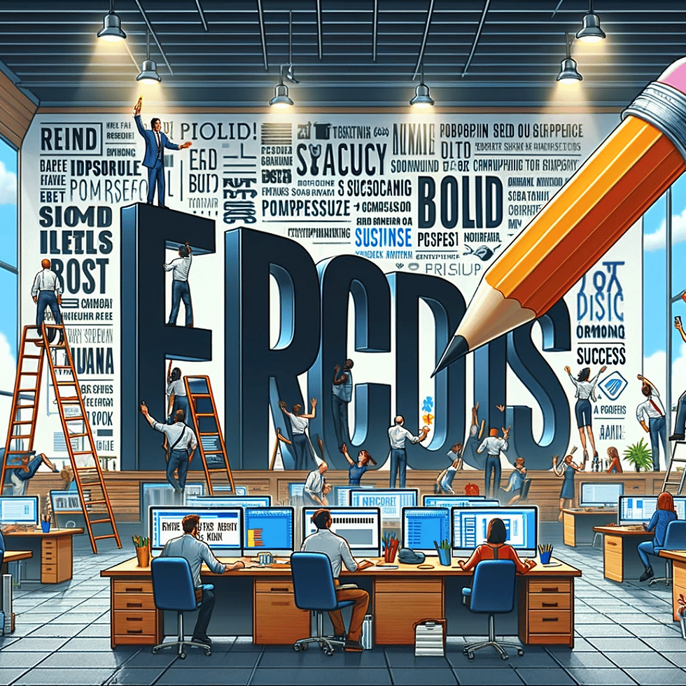 Illustration d'un studio de design où une équipe travaille sur une gigantesque installation typographique. Des designers montent sur des échelles et ajustent de grandes lettres, tandis que d'autres travaillent sur des ordinateurs en bas. Un immense crayon surplombe la scène, symbolisant la créativité et la précision nécessaires dans le design typographique. La scène met en valeur l'importance de la typographie dans la transmission de messages visuels percutants.