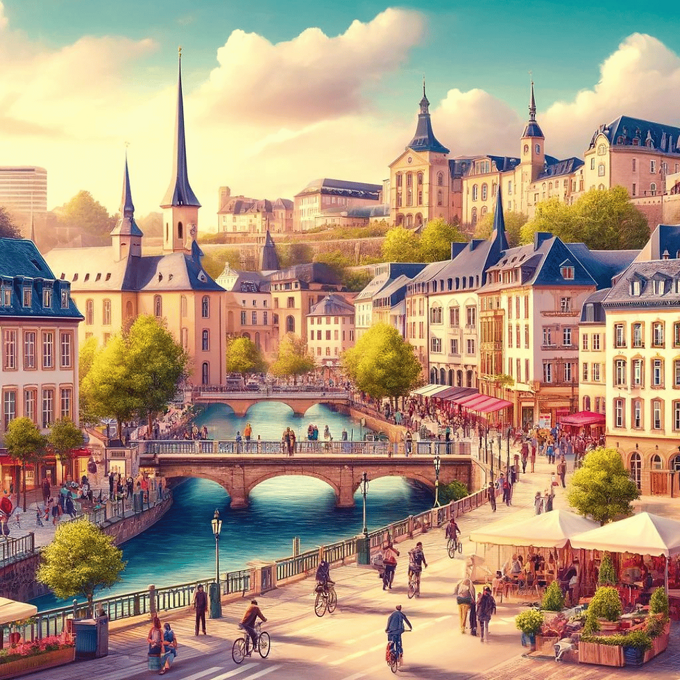 Illustration d'une vue aérienne de Luxembourg, avec ses élégants bâtiments historiques et ses églises aux flèches pointues dominant le paysage. En dessous, des rues pavées animées bordées de cafés et de boutiques accueillent des piétons et des cyclistes. Des ponts enjambent un fleuve, reliant les différentes parties de la ville. La scène capture l'essence charmante de Luxembourg, mettant en lumière son architecture ancienne et sa vibrante vie urbaine.