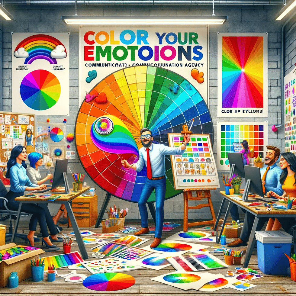Illustration d'une agence de communication où des designers travaillent sur des projets colorés. Un homme en chemise blanche et cravate rouge présente une roue chromatique géante, entouré de palettes de couleurs, de nuanciers et d'affiches colorées. Deux designers travaillent sur des ordinateurs, tandis que des échantillons de couleurs et des outils artistiques sont dispersés autour d'eux. La scène met en lumière l'importance de la psychologie des couleurs dans la création graphique pour transmettre des émotions et des messages efficaces.