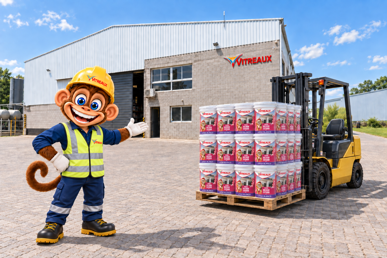Recreación del frente de la fábrica Vitreaux, con nuestro monito vestido para trabajar y un autoelevador sin conductor con un pallet de Vilatex Interior / Exterior