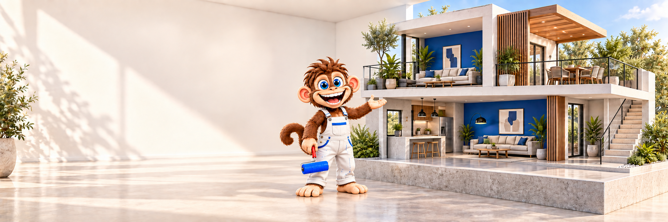El monito Vitreaux, con overol blanco de pintor, presenta una casa moderna con paredes cobalto, madera y distintas superficies renovadas