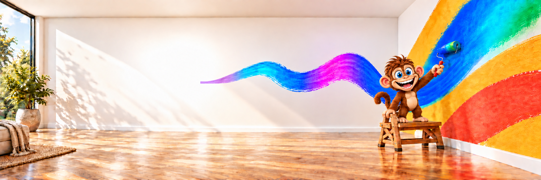 Nuestro monito Vitreaux pinta una pared con una pincelada de colores