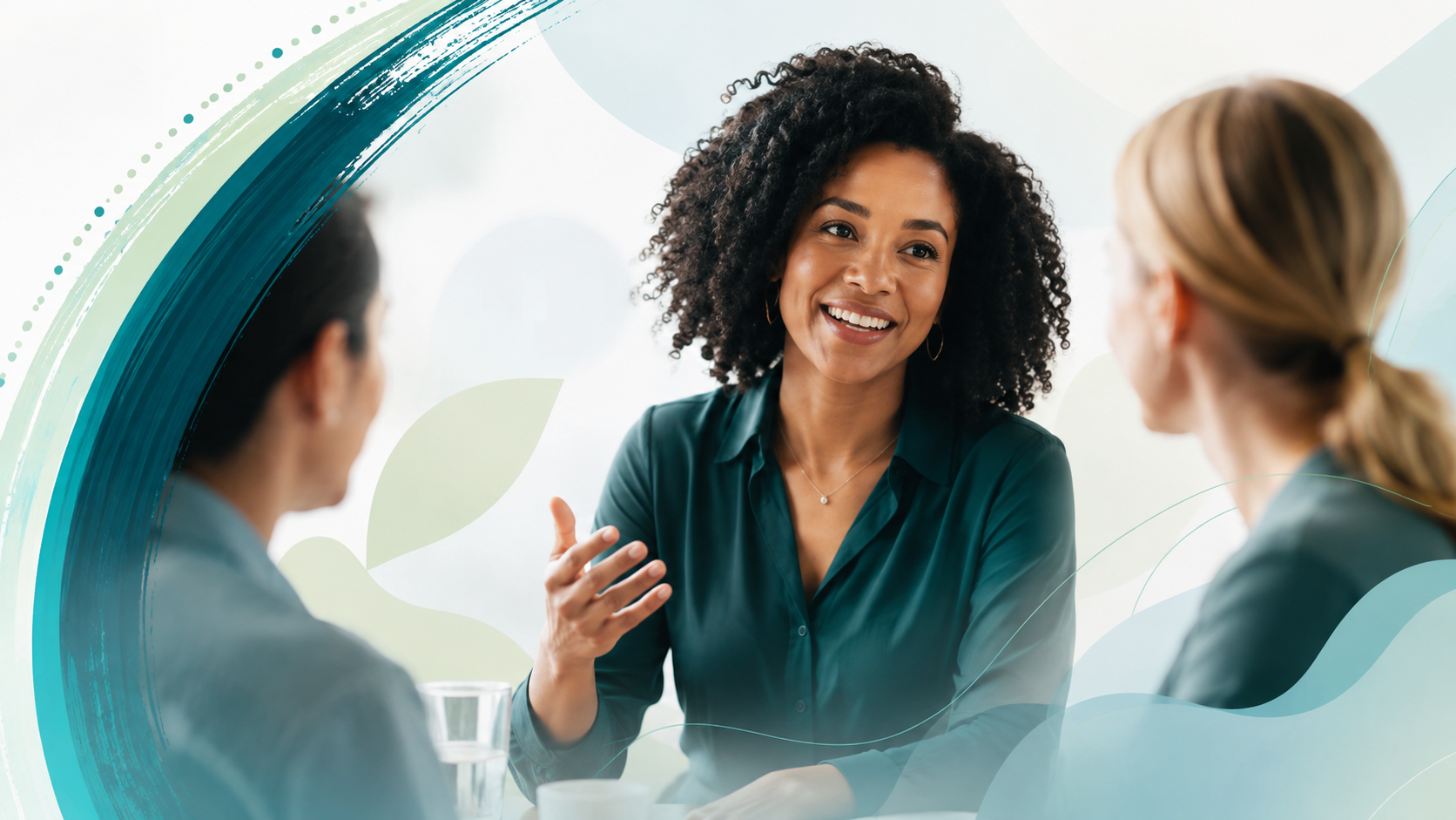Three women in a collaborative conversation framed by teal and mint brushstrokes