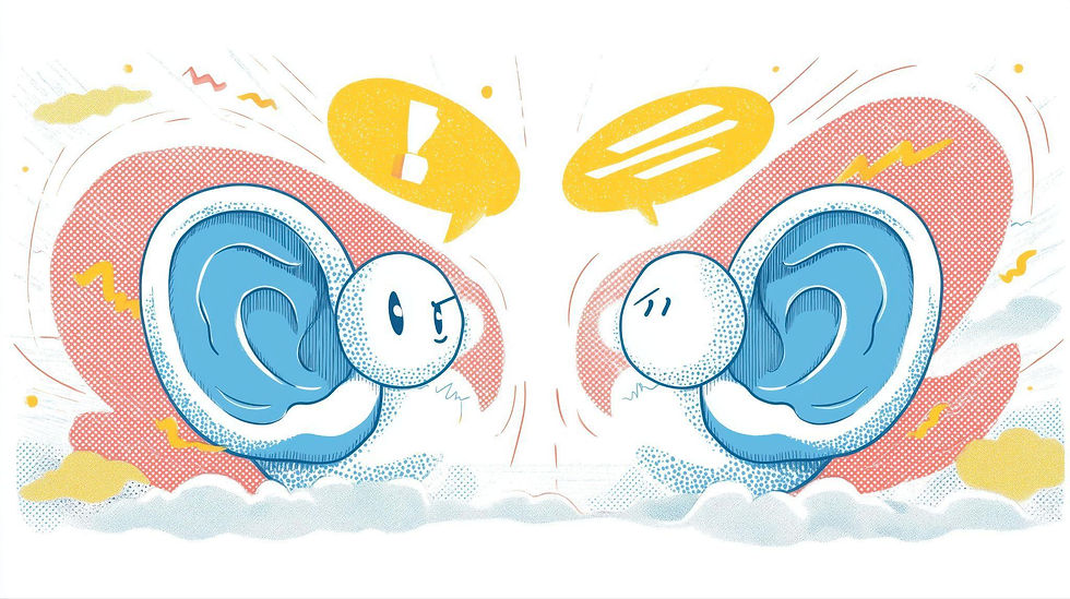 Two cartoon blue ears with faces, expressing emotions. Yellow speech bubbles with symbols hover above. Pink background with scattered patterns.