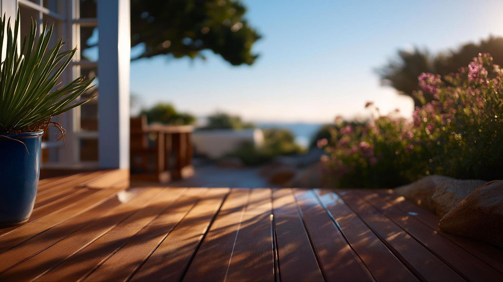 Sunlit wooden deck with a blue potted plant, blurred flowers, and distant sea under a clear sky