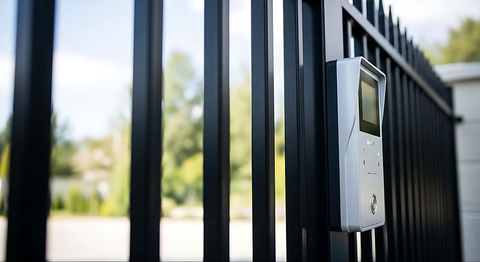 Silver intercom keypad mounted on a black metal gate, with a blurred sunny yard in the background