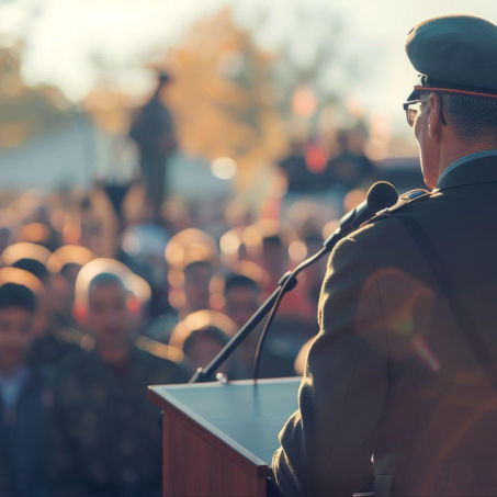 A person in a military uniform speaks at a podium to a large outdoor crowd, with autumn trees in the background. Warm sunlight creates a solemn mood.