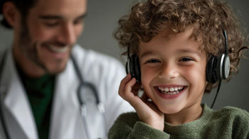 Child in green sweater smiles, wearing headphones. Doctor with stethoscope is blurry in the background. Warm, joyful mood.