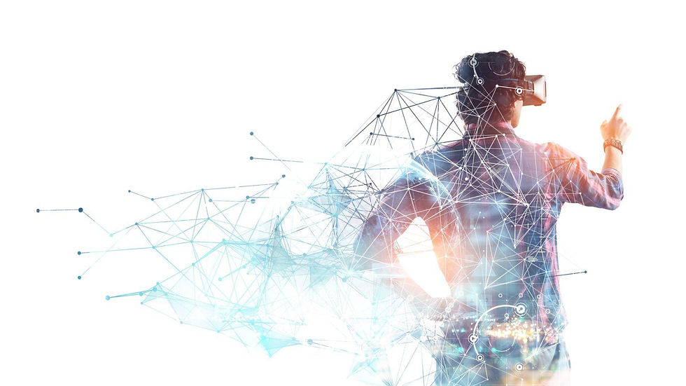 A person in VR headset points forward. Geometric patterns surround them. Background is bright and white, highlighting the tech theme.