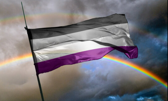 Asexual Pride flag seen in front of a rainbow