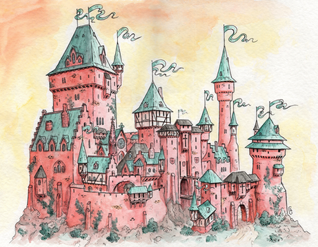 perspective environment watercolor art
red castle on a cliff inspired by the Haut-Koenigsbourg
