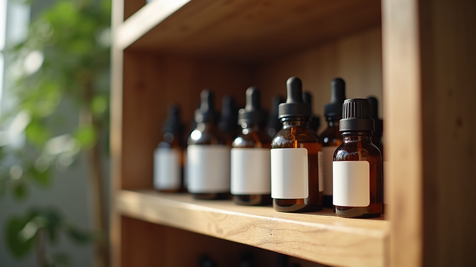 Eye-level view of a wooden shelf with homeopathic and herbal bottles arranged neatly