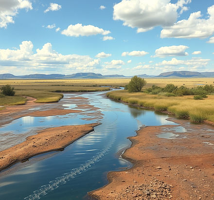 landscape of waterway with ceremonial significance to an indigenous nation, blues and grey