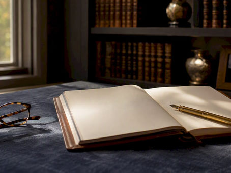 Leather notebook and pen on desk for letter drafting
