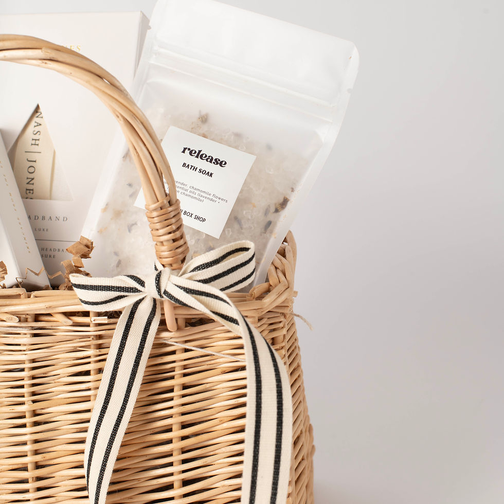 Thumbnail: A beautifully curated Darling Pampering Gift Basket filled with calming bath essentials and presented in our signature handwo