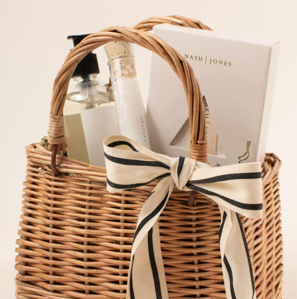 Close-up of a personalized bridesmaid gift basket.