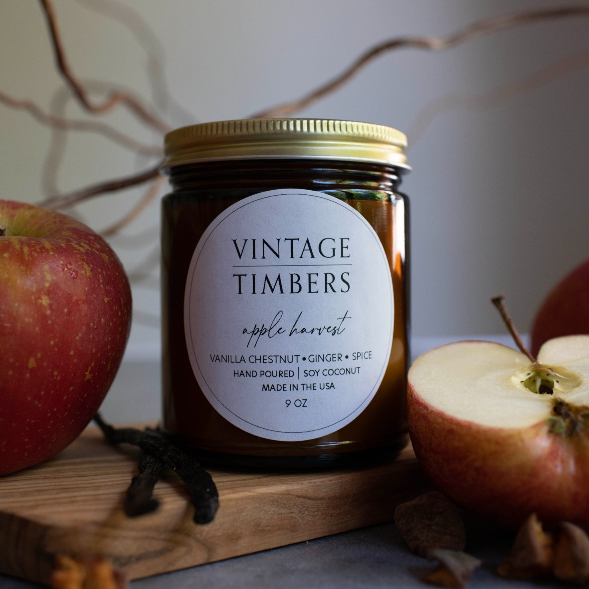 Vintage Timbers Apple Harvest Soy Coconut Candle for cozy winter home. Home Decor