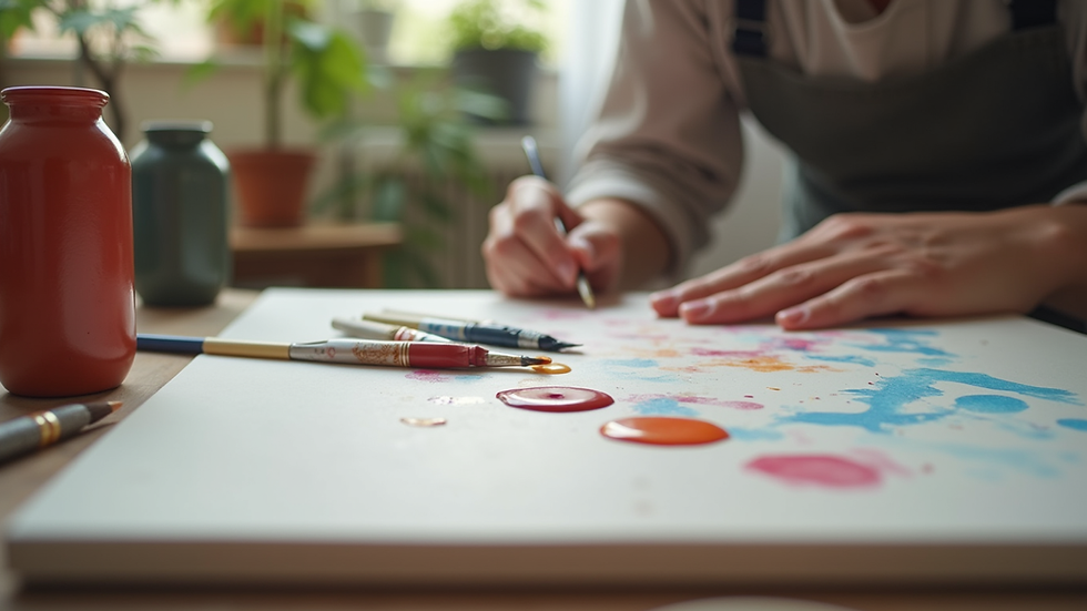 Eye-level view of an art therapy session with a canvas and paints
